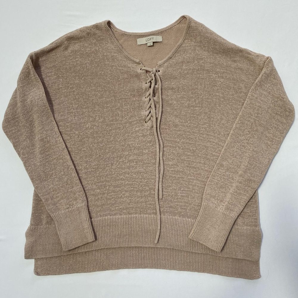 LOFT Tan Lace-Up V-Neck Knit Sweater Size Large